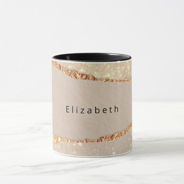 Agate marble stone glitter beige guld monogram mugg (Center)
