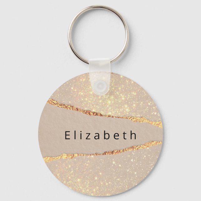 Agate marble stone glitter beige guld monogram nyckelring (Framsida)