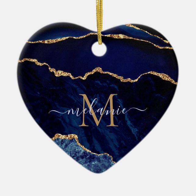 Agate Marinblå Guld Ädelsten Marmor Ditt Namn Julgransprydnad Keramik (Framsidan)
