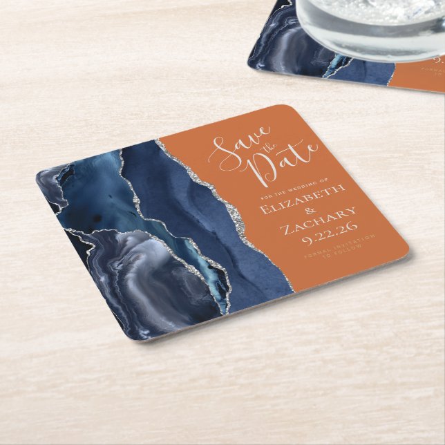 Agate Marinblå Silver Bränd Orange Spara Datum Underlägg Papper Kvadrat (Vinklad)