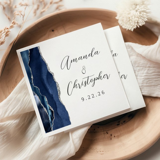 Agate Marinblå Silver Script Bröllop Pappersservett (Skapare uppladdad)
