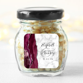 Agate Marmor Burgundy Silver Script Bröllop Fyrkantigt Klistermärke