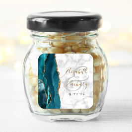 Agate Marmor Teal Blå Guld Script Bröllop Fyrkantigt Klistermärke
