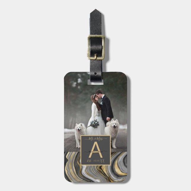 Agate Monogram Bröllop Photo Namn Datum Bagagebricka (Vertikal Framsida)