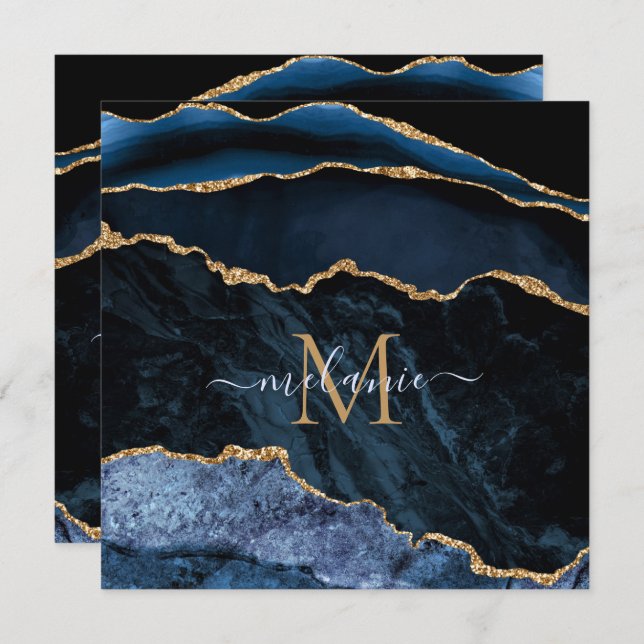 Agate Navy Blue Guld Anpassningsbar Brev Namn (Fram/baksida)