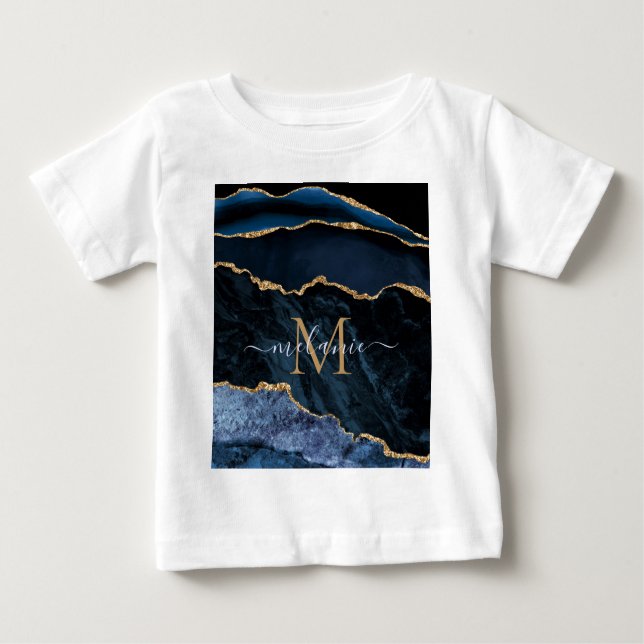Agate Navy Blue Guld Gemstone Marble Custom Name T Shirt (Framsida)