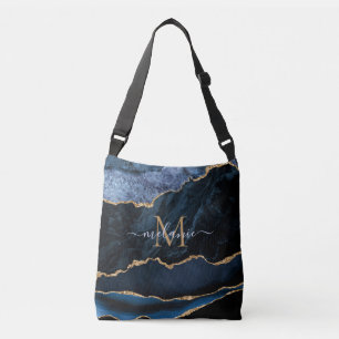 Agate Navy Blue Guld Gemstone Marble Monogram Axelväska