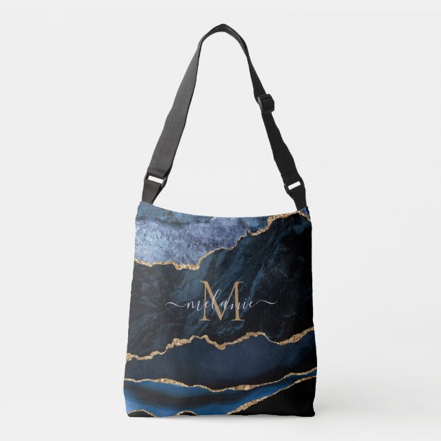 Agate Navy Blue Guld Gemstone Marble Monogram Axelväska (Framsida)