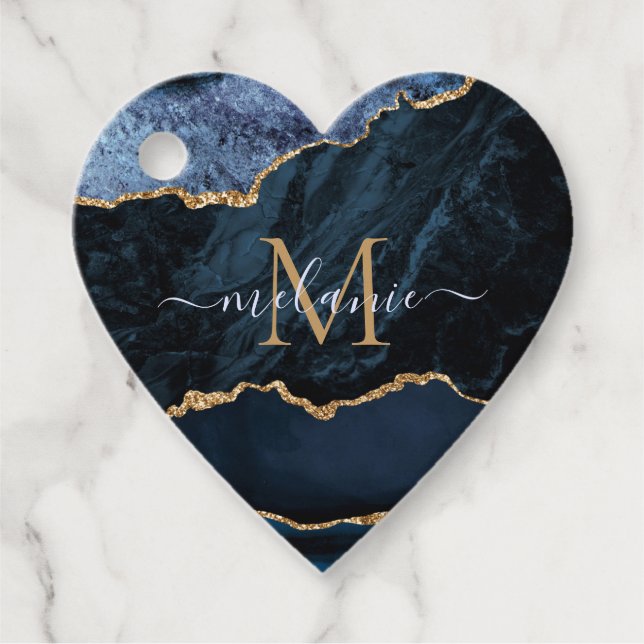 Agate Navy Blue Guld Gemstone Marble Monogram Gåvor Etiketter (Framsida)
