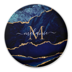Agate Navy Blue Guld Gemstone Marble Monogram Knopp
