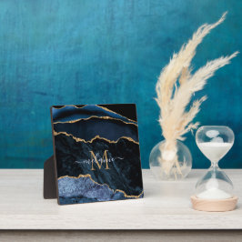 Agate Navy Blue Guld Gemstone Marble Monogram Namn