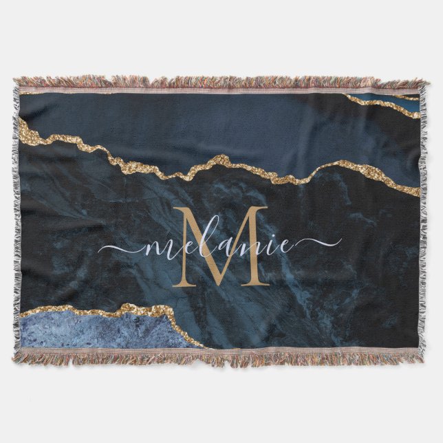 Agate Navy Blue Guld Gemstone Marble Monogram Namn Filt (Framsidan)