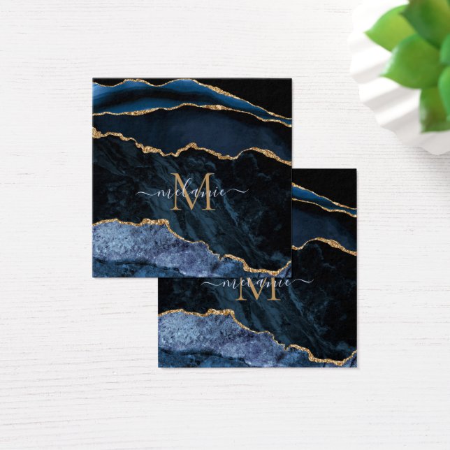 Agate Navy Blue Guld Gemstone Marble Monogram Namn Fyrkantigt Visitkort (Skivbord)