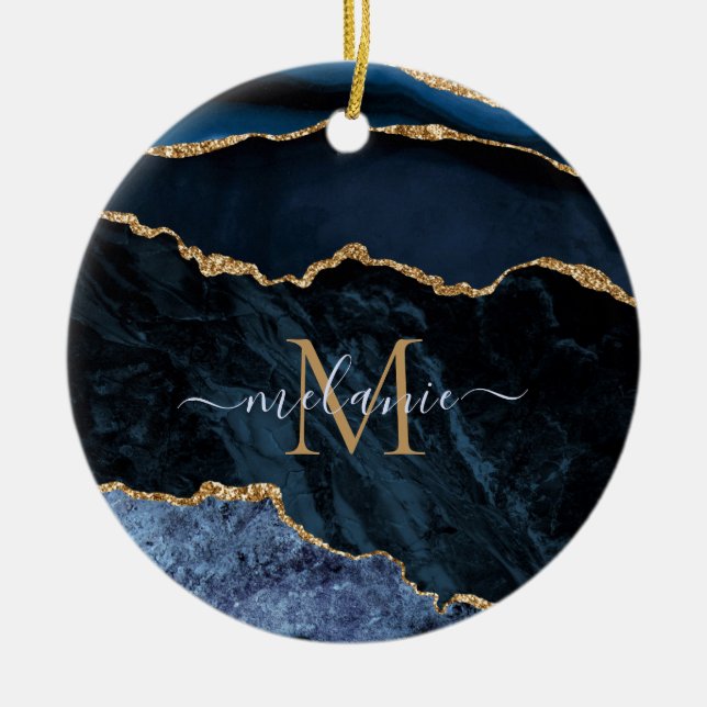 Agate Navy Blue Guld Gemstone Marble Monogram Namn Julgransprydnad Keramik (Framsidan)