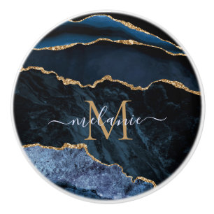 Agate Navy Blue Guld Gemstone Marble Monogram Namn Knopp