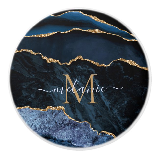 Agate Navy Blue Guld Gemstone Marble Monogram Namn Knopp (Framsidan)