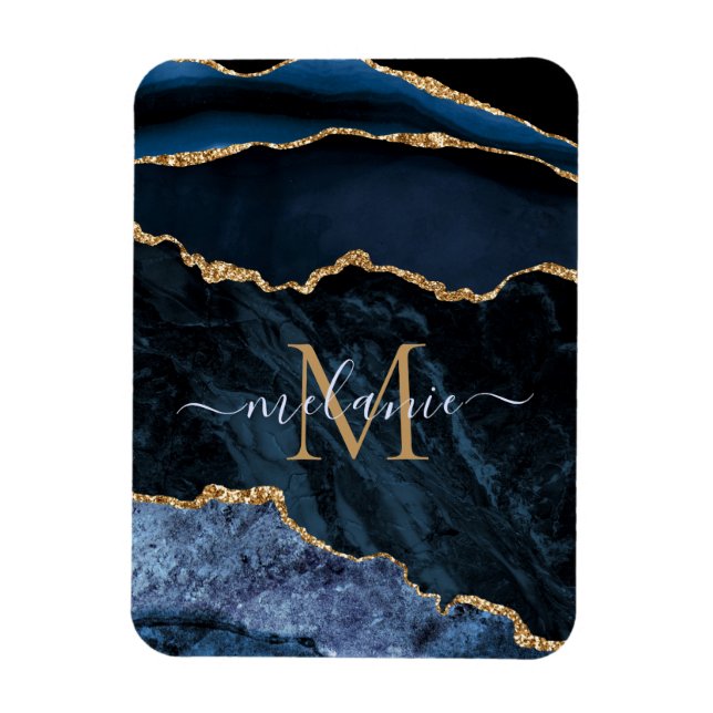 Agate Navy Blue Guld Gemstone Marble Monogram Namn Magnet (Vertikal)