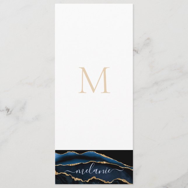 Agate Navy Blue Guld Gemstone Marble Monogram Namn Meny (Framsida)