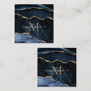 Agate Navy Blue Guld Gemstone Marble Monogram Namn Rabattkort