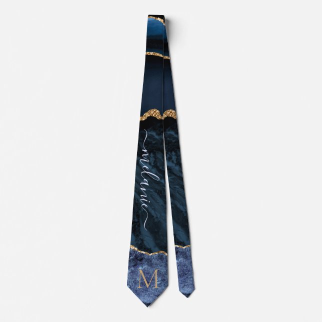 Agate Navy Blue Guld Gemstone Marble Monogram Namn Slips (Framsida)