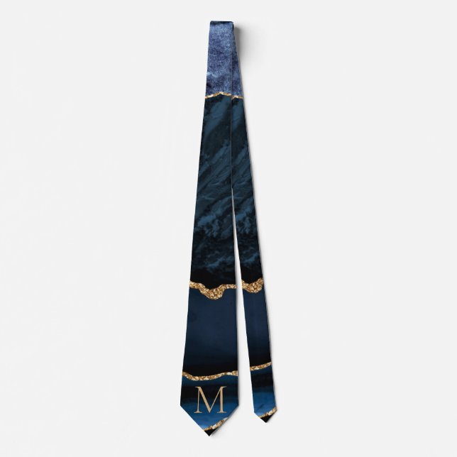 Agate Navy Blue Guld Gemstone Monogram Neck Tie Slips (Framsida)