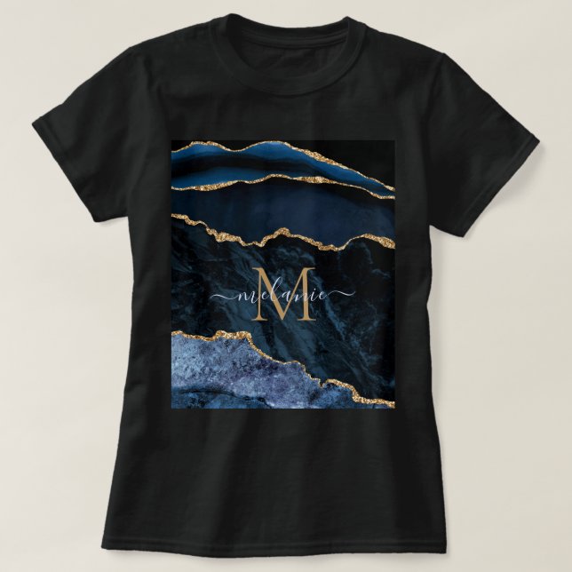 Agate Navy Blue Guld Gemstone T-Shirt - Monogram (Design framsida)