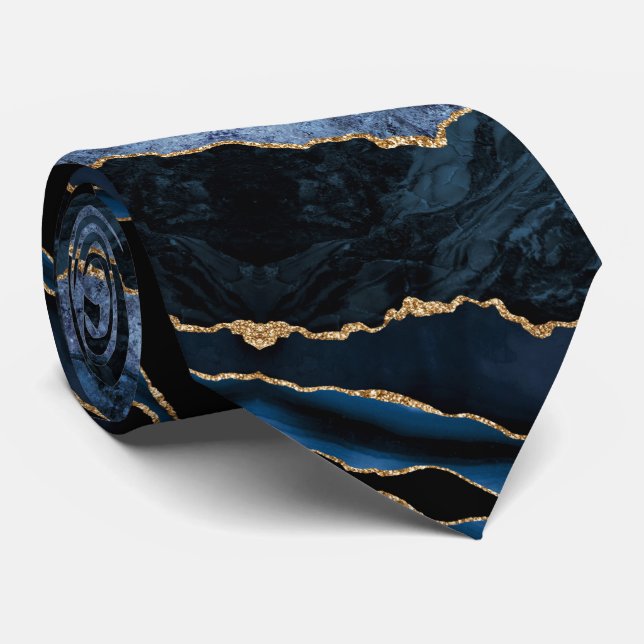 Agate Navy Blue Guld Glitter Gemstone Neck Tie Slips (Rullad)
