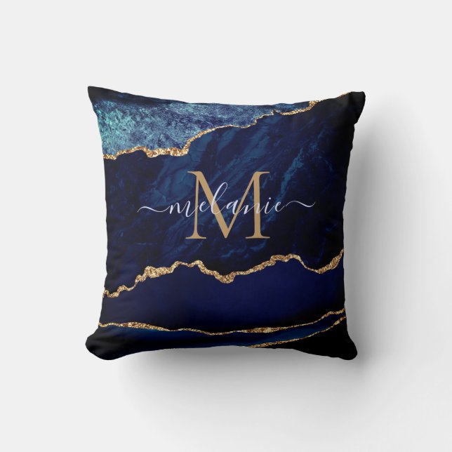 Agate Navy Blue Guld Glitter Marble med Namn Kudde (Framsida)