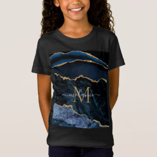 Agate Navy Blue Guld Glitter Monogram Namn T-Shirt