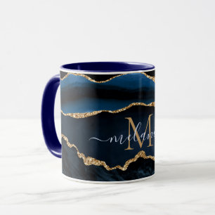 Agate Navy Blue Guld Marble Custom Name Mugg