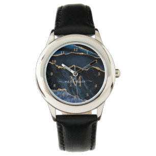 Agate Navy Blue Guld Marble Custom Name Watch Armbandsur