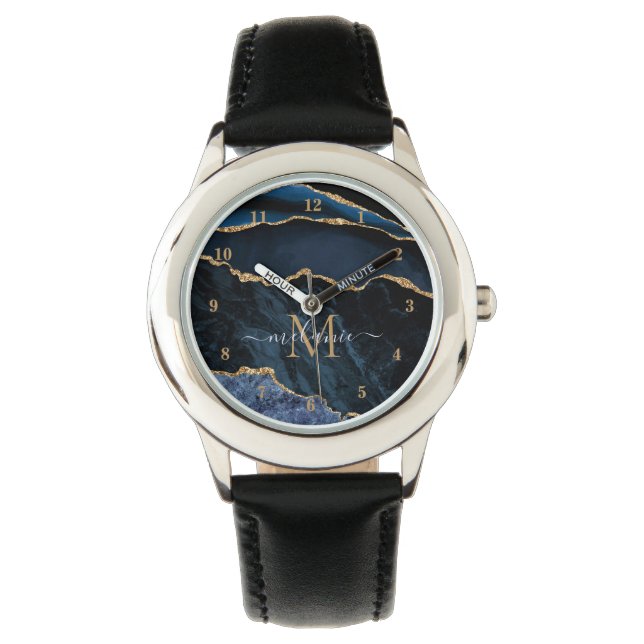 Agate Navy Blue Guld Marble Custom Name Watch Armbandsur (Framsida)