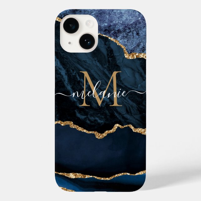 Agate Navy Blue Guld Marble Ditt namn Brev Gift (Baksida)