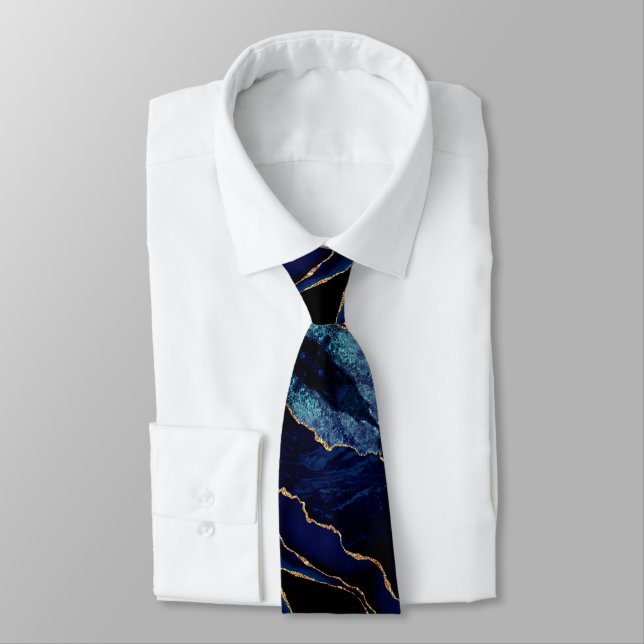 Agate Navy Blue Guld Marble Elegant Neck Tie Slips (Bunden)