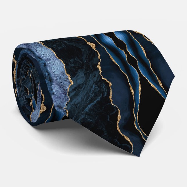 Agate Navy Blue Guld Marble Gnistra Neck Tie Slips (Rullad)