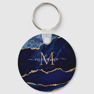 Agate Navy Blue Guld Marble Monogram Namn Keychain Nyckelring