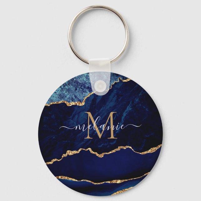Agate Navy Blue Guld Marble Monogram Namn Keychain Nyckelring (Framsida)