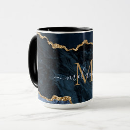 Agate Navy Blue Guld Marble Monogram Namn Mugg