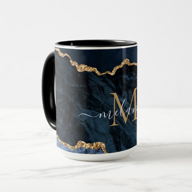 Agate Navy Blue Guld Marble Monogram Namn Mugg (Framsida vänster)