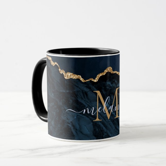 Agate Navy Blue Guld Marble Mugg Eget namn Brev (Framsida vänster)