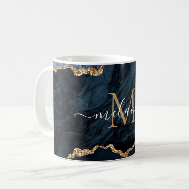 Agate Navy Blue Guld Marble Mugg ger ditt namn (Framsida vänster)