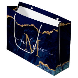 Agate Navy Blue Guld Marble Namn Brev Gift Bag