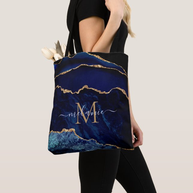 Agate Navy Blue Guld Marble Namn Brev Tote Bag Tygkasse (Närbild)