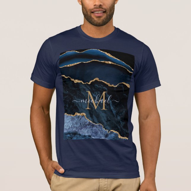 Agate Navy Blue Guld Modern T-Shirt - Monogram (Framsida)