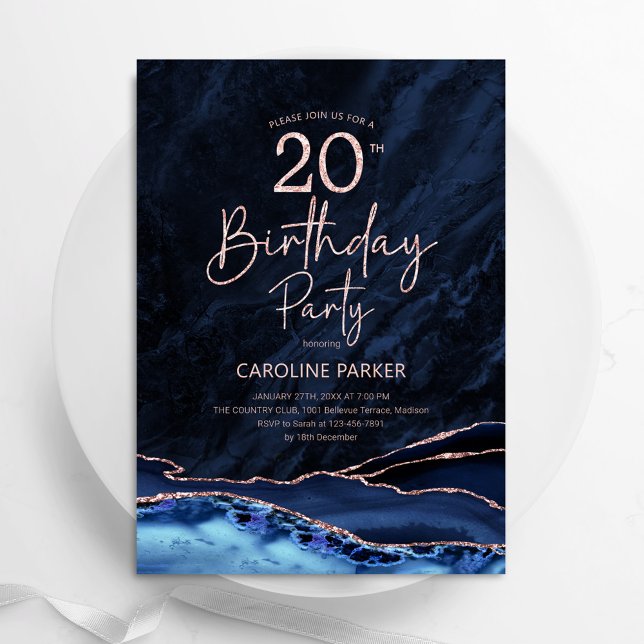 Agate Navy Blue Ro Guld 20:e födelsedagen Inbjudningar (Skapare uppladdad)