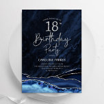 Agate Navy Blue Silver 18:e födelsedagen Inbjudningar<br><div class="desc">Flottblått och silver agate 18:e födelsedagsfest inbjudan. Elegantens moderna utformning med royal blue water agate marble geode-bakgrund,  faux glitter silver och typography-skript. Trendig inbjudan-kortets perfekt för en snyggt kvinnor i firande. Skrivna Zazzle-inbjudningar eller digital utskrivbar mall för omedelbar nedladdning.</div>