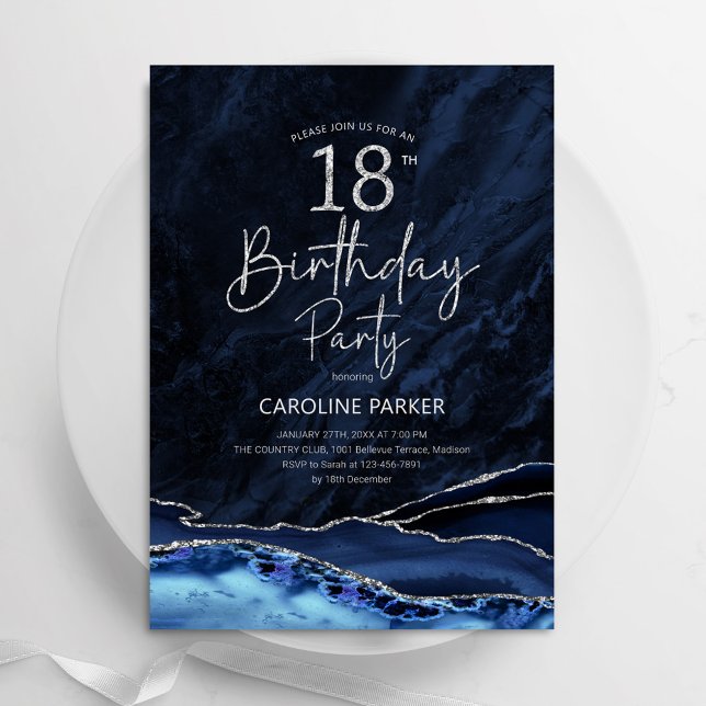 Agate Navy Blue Silver 18:e födelsedagen Inbjudningar (Skapare uppladdad)