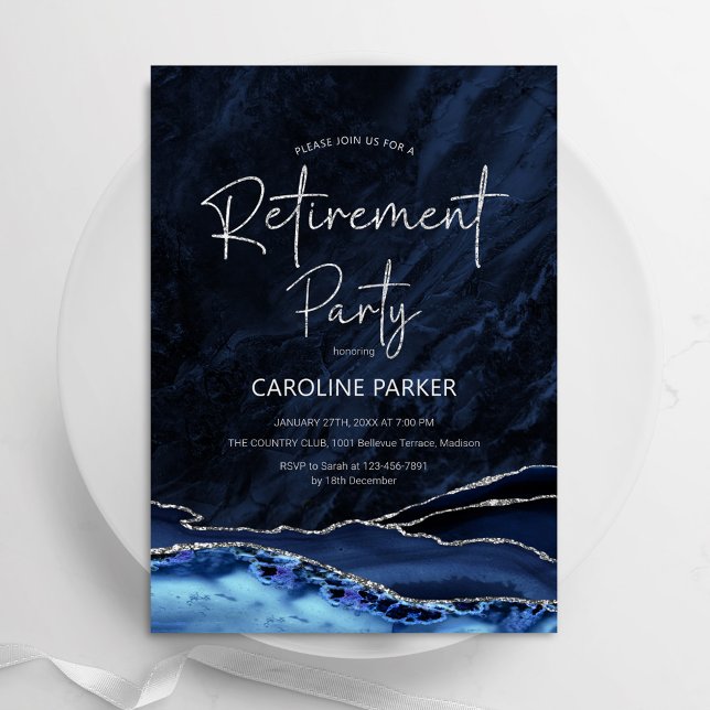 Agate Navy Blue Silver Pension Party Inbjudningar (Skapare uppladdad)