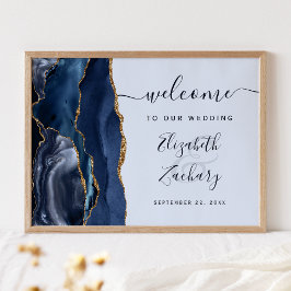 Agate Navy Ljusblå Guld Script Bröllop Välkommen Poster