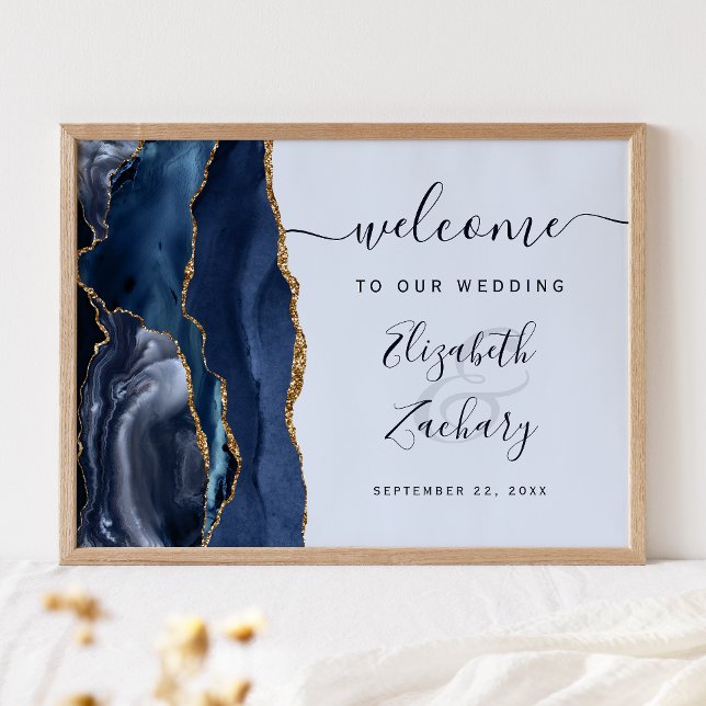 Agate Navy Ljusblå Guld Script Bröllop Välkommen Poster (Skapare uppladdad)
